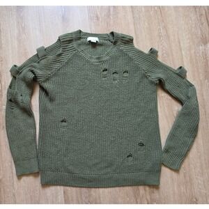 Ten Sixty Sherman Olive Green Distressed Knit Cut Out Sleeve Sweater Sz M